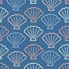 Sea Scallop Shell Line Art in Pink_ White and Blue on Dark Blue (Small)