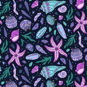 Low Tide Treasures - Seashells, Starfish, Sea Glass, Seaweed - Magenta, Aqua Blue, Black, Purple, Pink - Medium Scale - Colorful Trip to the Beach Pattern