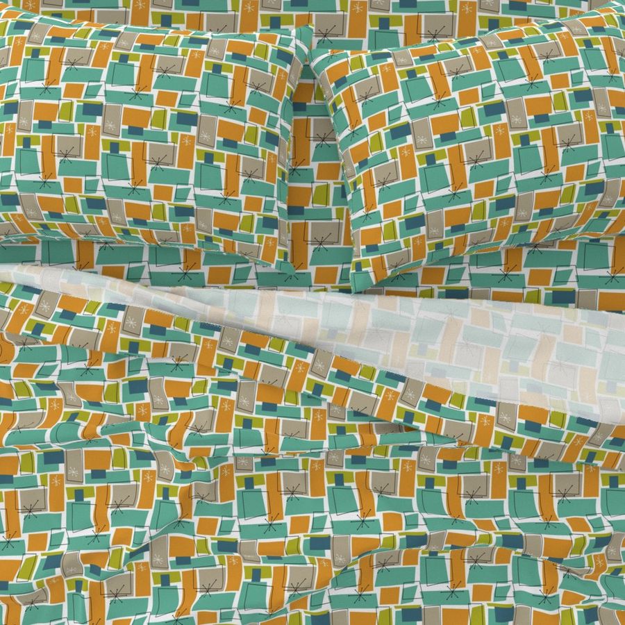 Turquoise Orange Green Rectangles Starburst Mid Century