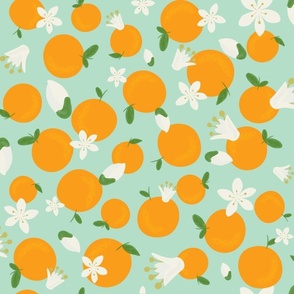 Orange Fruit - White Flowers - Mint Background - Teal Background