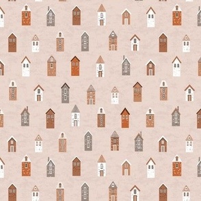 Tiny houses in red, grey and brown on textured omitted pink | small