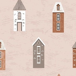 Tiny houses in red, grey and brown on textured muted pink | large