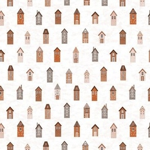 Tiny houses in red, grey and brown on textured off white | small