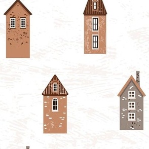 Tiny houses in red, grey and brown on textured off white | medium 