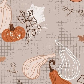 Hand drawn orange and pink pumpkins and leaves on grey