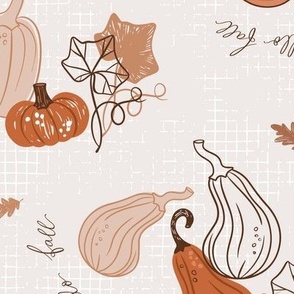 Hand drawn orange and pink pumpkins and leaves on off white