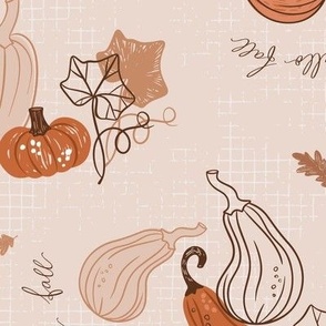Hand drawn orange and pink pumpkins and leaves on muted  pink