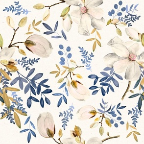 Large Gold and Blue Eucalyptus and Magnolia Flowers / Floral / Watercolor