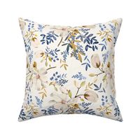 Medium Blue and Gold Flowers / Floral / Botanical / Leaves / White