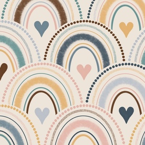 (L) Boho Rainbow Hearts// Soft Pink, Blue, Yellow, Brown, Teal on Ivory