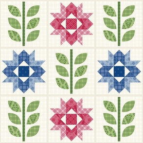 Red, White andBlue Americana Star Flower Quilt Blocks with Stems- vertical print