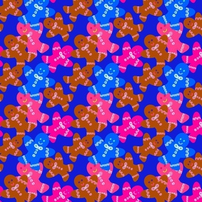 Gingerbread Men - Small Scale  - Colorful Gingerbread Men Blue Background 