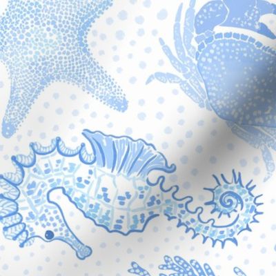 Large Under the sea - Blue and white - Rotated - Beach life - Seahorses seahorse Sea Horse starfish shells seashells Seaweed lobster crab - Nautical Preppy - Coastal Sealife 