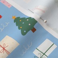Small / Christmas Trees and Christmas Presents on Blue