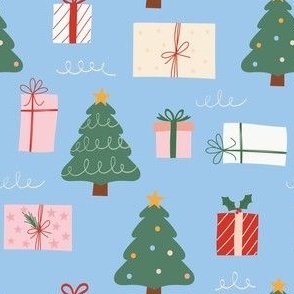 Small / Christmas Trees and Christmas Presents on Blue
