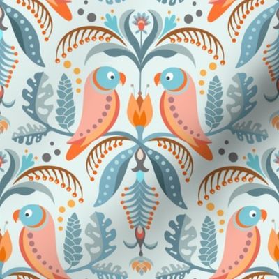      Bright Pastel Tropical Parrots and Floral Symmetry  8in