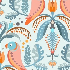 Bright Pastel Tropical Parrots and Floral Symmetry 12in