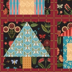 257 - large scale Millefleur modern stylized floral cheater quilt block in warm fall moody palette