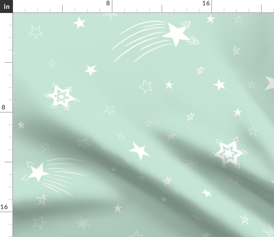 Large - White Stars Shining Bright in the Sky on Pastel Pale Green