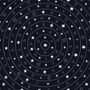 Large - White Stars in Celestial Circles in Space on Noir Black