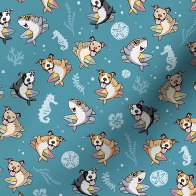 SHARK  DOGS AND SUMMER ON TEAL BLUE - Medium