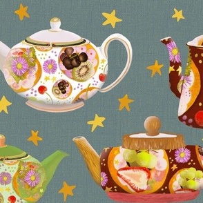 12” repeat afternoon tea teapots with faux woven burlap texture, multicoloured on airforce blue