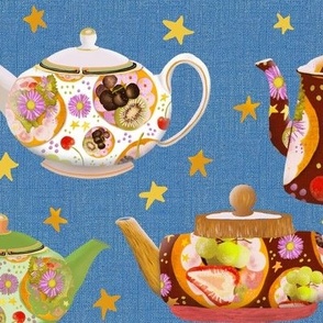 12” repeat afternoon tea teapots with faux woven burlap texture, multicoloured on cornflower blue