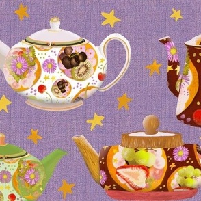 12” repeat afternoon tea teapots with faux woven burlap texture, multicoloured on violet purple 