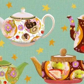 12” repeat afternoon tea teapots with faux woven burlap texture, multicoloured on celadon green