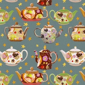 6” repeat afternoon tea teapots with faux woven burlap texture, multicoloured on airforce blue