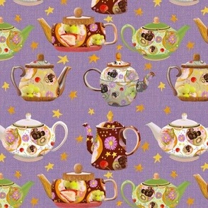 6” repeat afternoon tea teapots with faux woven burlap texture, multicoloured on violet purple