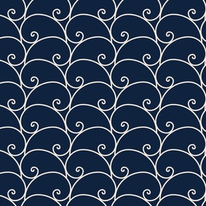 Geo Fibonacci Spiral Wave Linework - Cream on Navy Blue