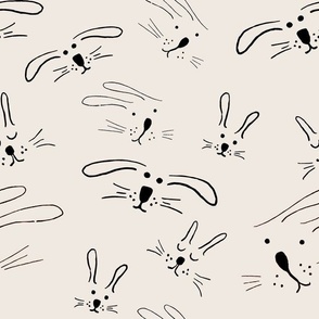  Field of fluffy bunnies : Rabbit Head scene, line drawing,  black & white