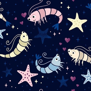 (L) celestial shrimp love with starfish - moody night scene for children‘s swimwear or bedding