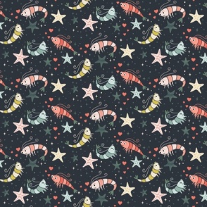 (S) celestial shrimp love with starfish - moody night scene for children‘s swimwear or bedding
