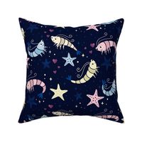 (M) celestial shrimp love with starfish - moody night scene for children‘s swimwear or bedding