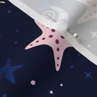 (M) celestial shrimp love with starfish - moody night scene for children‘s swimwear or bedding