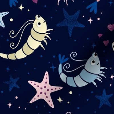 (M) celestial shrimp love with starfish - moody night scene for children‘s swimwear or bedding