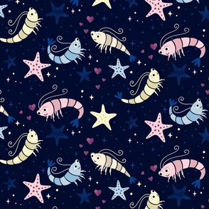 (M) celestial shrimp love with starfish - moody night scene for children‘s swimwear or bedding