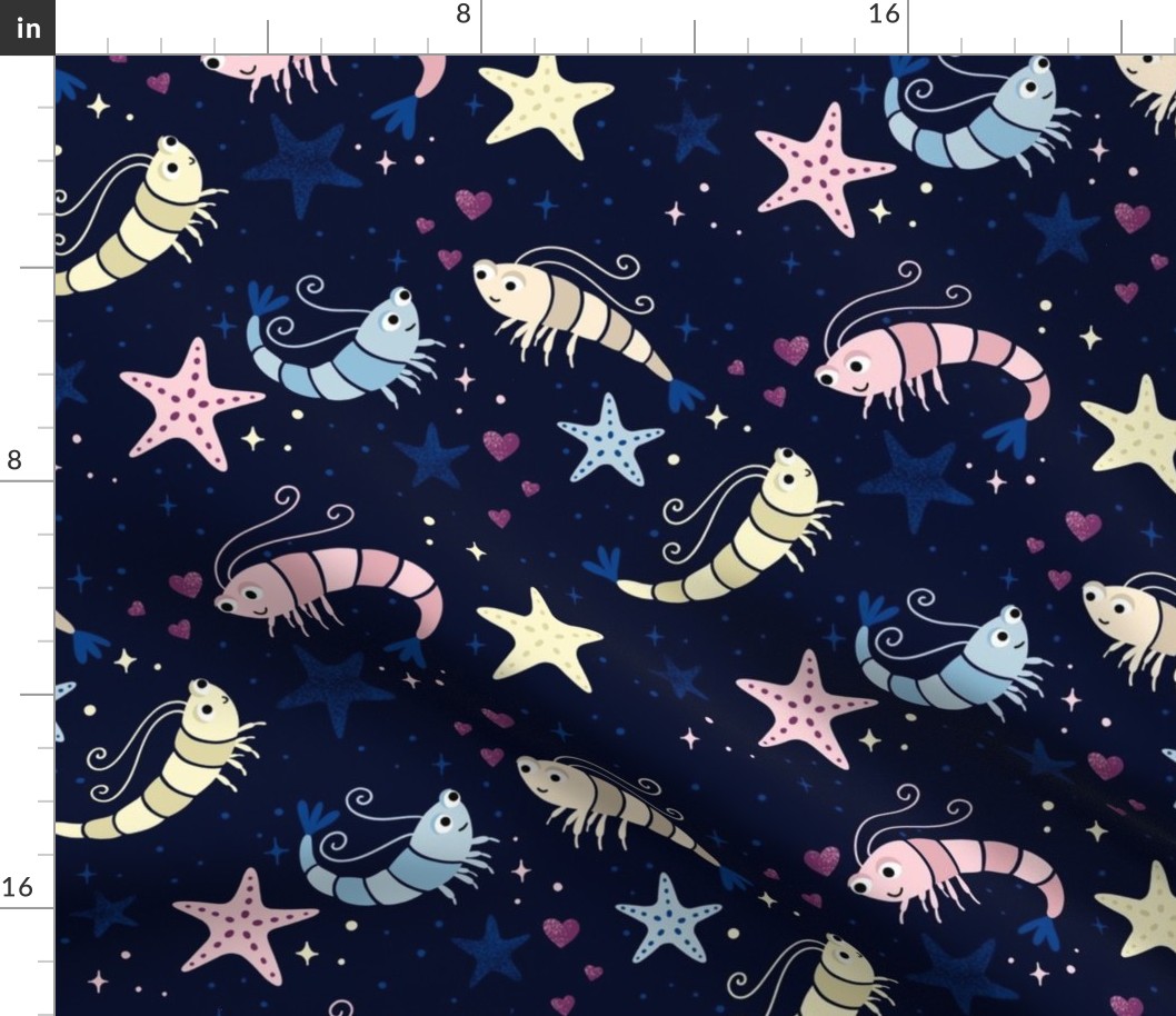 (M) celestial shrimp love with starfish - moody night scene for children‘s swimwear or bedding