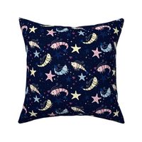 (S) celestial shrimp love with starfish - moody night scene for children‘s swimwear or bedding