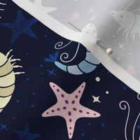 (S) celestial shrimp love with starfish - moody night scene for children‘s swimwear or bedding