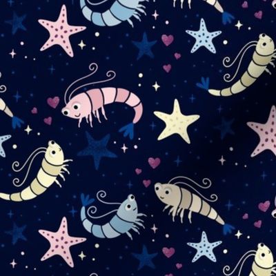 (S) celestial shrimp love with starfish - moody night scene for children‘s swimwear or bedding