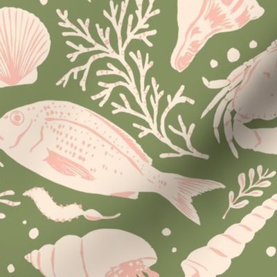 Painted Sea Creatures - Artichoke Green, Coral Pink - (Oceanic)