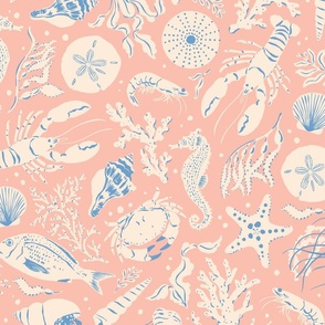 Painted Sea Creatures - Coral Pink, Azure Blue - (Oceanic)