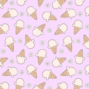 Vintage cutesy freehand sketched ice-cream summer candy and flowers cream on pink