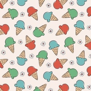 Vintage cutesy freehand sketched ice-cream summer candy and flowers red green teal on ivory