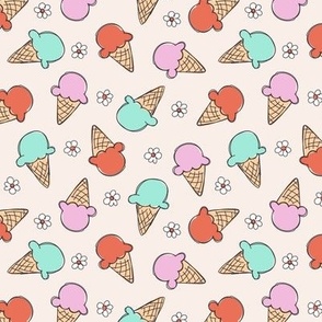 Vintage cutesy freehand sketched ice-cream summer candy and flowers red pink teal on ivory