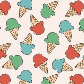 Vintage freehand sketched minimalist raw ice-cream summer candy  blue green red on sand 