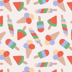 Ice-Crea cones popsicles and lollipop summer designs retro nineties style snacks red green blue on ivory  